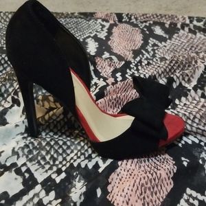 Black and red suede open toe heel